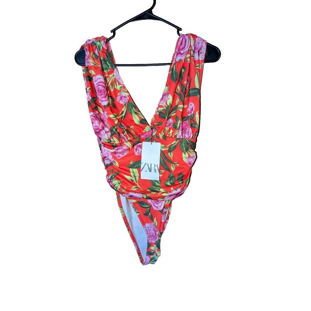 Zara Draped Printed‎ Bodysuit deep V Neck floral Design new sm